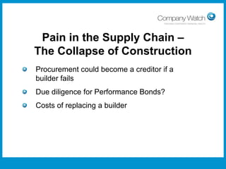 Pain in the Supply Chain –
The Collapse of Construction
Procurement could become a creditor if a
builder fails

Due diligence for Performance Bonds?
Costs of replacing a builder

Confidential to Apple Inc

Watch Ltd

Company

 