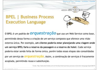 30www.CompanyWeb.com.br
Objetos do Fluxo | Divisões | Artefatos | Conexão
Tarefa | Evento | Gateway
O BPEL é um padrão de orquestração que usa um Web Service como base,
permitindo dessa forma a criação de um serviço composto que oferece uma visão
externa única. Por exemplo, um cliente poderia estar planejando uma viagem onde
um serviço BPEL faria a reserva da passagem e a reserva do hotel. Cada serviço
poderia estar sendo feita de forma única, porém todas essas etapas são consolidadas
por um serviço de orquestração. Assim, a combinação de serviços é fracamente
acoplada, permitindo reuso e substituição.
Fonte: http://www.devmedia.com.br/introduzindo-business-process-execution-language-bpel/28679
 