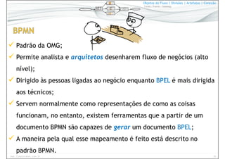 39www.CompanyWeb.com.br
Objetos do Fluxo | Divisões | Artefatos | Conexão
Tarefa | Evento | Gateway
Padrão da OMG;
Permite analista e arquitetos desenharem fluxo de negócios (alto
nível);
Dirigido às pessoas ligadas ao negócio enquanto BPEL é mais dirigida
aos técnicos;
Servem normalmente como representações de como as coisas
funcionam, no entanto, existem ferramentas que a partir de um
documento BPMN são capazes de gerar um documento BPEL;
A maneira pela qual esse mapeamento é feito está descrito no
padrão BPMN.
 