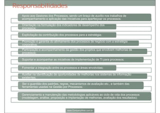 Suportar e acompanhar as
iniciativas de implementação
de TI para processos;
Fomentar a
integração entre os
processos e áreas
envolvidas;
Fomentar a
integração entre os
processos e áreas
envolvidas;
Auxiliar na identificação
de oportunidades de
melhorias nos sistemas
de informação
existentes;
Auxiliar na identificação
de oportunidades de
melhorias nos sistemas
de informação
existentes;
Ser o guardião dos
padrões, regras,
mecanismos de
avaliação etc., e também
das ferramentas usadas
na Gestão por
Processos;
Ser o guardião dos
padrões, regras,
mecanismos de
avaliação etc., e também
das ferramentas usadas
na Gestão por
Processos;
Gerenciamento e
manutenção das
metodologias aplicáveis ao
ciclo de vida dos processos
(modelagem, análise,
proposição e implantação de
melhorias, avaliação dos
resultados);
Gerenciamento e
manutenção das
metodologias aplicáveis ao
ciclo de vida dos processos
(modelagem, análise,
proposição e implantação de
melhorias, avaliação dos
resultados);
Responsabilidades
 
