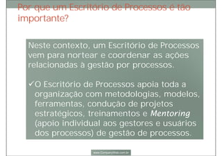 E a Gestão por Processos?
É preciso ir além de projetos pontuais de processos. É preciso
implementar a Gestão (constante) por Processos.
 Gestão por Processos é um conjunto de práticas, que requer pessoas
gestoras - os Gestores por Processos, os quais, guiados por
metodologia de trabalho e suportados por sistemas, modelagem,
fluxo de trabalho (workflow), monitoramento dos indicadores de
performance, integração entre aplicativos etc., promovem a melhoria
constante de cada processo.
 