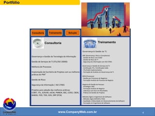 www.CompanyWeb.com.br
Governança e Gestão da Tecnologia da Informação
Gestão de Serviços de TI (ITIL/ISO 20000)
Melhoria de Processos
Implantação de Escritório de Projetos com as melhores
práticas do PMI®
Gestão de Risco
Segurança da Informação | ISO 27001
Projetos para adoção das melhores práticas: COBIT,
ITIL, SCRUM, eSCM, PMBOK, BSC, COSO, CBOK, BABOK,
FDD, TDD, SOX, DRP (PCN)
Governança & Gestão da TI:
GRC (Governança, Risco e Compliance):
. Gestão de Risco com COSO
. Gestão de Risco de TI
. Segurança da Informação com ISO 27001
Governança e Gestão de Serviços de TI:
. Certificação ITIL / Certificação Cobit.
. ITIL/Cobit Implementation.
. Formação de Analista em Governança de TI.
BPM (Processos)
. Gestão por Processos de Negócios
. Formação Analista de Processo de Negócio
Negócios & Gestão de Pessoas:
. Estratégia e BSC
. Formação Analista de Negócio
. Liderança com foco em Resultados
. Práticas de Gestão de Projetos
Métodos Ágeis e Engenharia de Software:
. Métodos Ágeis (SCRUM e FDD)
. Qualidade e Maturidade em Desenvolvimento de Software
. Formação em Engenharia de Software
Consultoria Treinamento Solução
Consultoria Treinamento
Portfólio
4
 