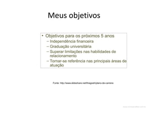 www.CompanyWeb.com.br
Meus objetivos
Fonte: http://www.slideshare.net/thiagoeh/plano-de-carreira
 