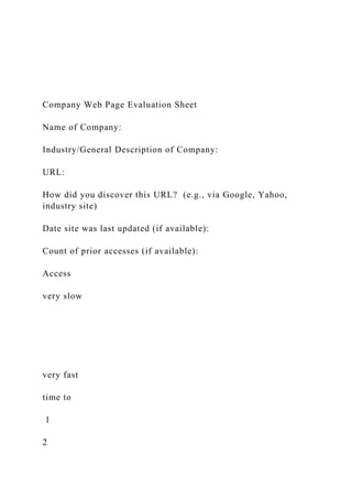 Company Web Page Evaluation Sheet
Name of Company:
Industry/General Description of Company:
URL:
How did you discover this URL? (e.g., via Google, Yahoo,
industry site)
Date site was last updated (if available):
Count of prior accesses (if available):
Access
very slow
very fast
time to
1
2
 