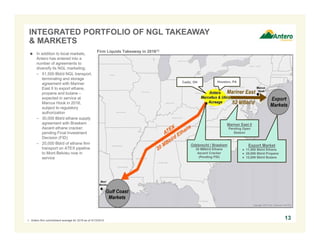 INTEGRATED PORTFOLIO OF NGL TAKEAWAY
& MARKETS
13
 In addition to local markets,
Antero has entered into a
number of agreements to
diversify its NGL marketing:
– 51,500 Bbl/d NGL transport,
terminaling and storage
agreement with Mariner
East II to export ethane,
propane and butane –
expected in service at
Marcus Hook in 2016,
subject to regulatory
authorization
– 30,000 Bbl/d ethane supply
agreement with Braskem
Ascent ethane cracker;
pending Final Investment
Decision (FID)
– 20,000 Bbl/d of ethane firm
transport on ATEX pipeline
to Mont Belvieu now in
service
Firm Liquids Takeaway in 2016(1)
Cadiz, OH Houston, PA
Export Market
● 11,500 Bbl/d Ethane
● 28,000 Bbl/d Propane
● 12,000 Bbl/d Butane
1. Antero firm commitment average for 2016 as of 4/13/2014.
Odebrecht / Braskem
30 MBbl/d Ethane
Ascent Cracker
(Pending FID)
Mariner East II
Pending Open
Season
 