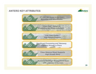 ANTERO KEY ATTRIBUTES
29
471,000 Net Acres in the Core
Marcellus and Utica Shales
“Triple Digit” Historical
Production and Reserve Growth
Low Cost Leader /
High Return Projects
Significant Processing and Takeaway
Capacity Already in Place
Clean Balance Sheet Supports
High Growth Story
“Forward Thinking” Management Team
with a History of Success
 