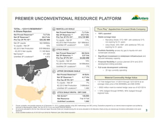 UPPER DEVONIAN SHALE
Net Proved Reserves(1) 44 Bcfe
Net 3P Reserves (1) 4.2 Tcfe
Pre-Tax 3P PV-10(1) NM
% Liquids – Net 3P 7%
4Q 2013 Net Production 3 MMcfe/d
Undrilled 3P Locations(3) 1,089
C
PREMIER UNCONVENTIONAL RESOURCE PLATFORM
1. Proved, probable, and possible reserves as of December 31, 2013, in ethane rejection using SEC methodology and SEC pricing. Evaluations prepared by our internal reserve engineers and audited by
DeGolyer & MacNaughton (D&M). Pre-Tax 3P PV-10 is a non-GAAP financial measure.
2. All net acres allocated to the Dry Gas Utica and Upper Devonian Shale are included among the net acres allocated to the Marcellus Shale as they are stacked pay formations attributable to the same
leasehold.
3. Gross undrilled locations as of 3/31/2014 pro forma for Piedmont Lake Utica Shale acquisition.
TOTAL – 12/31/13 RESERVES(1)
In Ethane Rejection
Net Proved Reserves(1) 7.6 Tcfe
Net 3P Reserves(1) 35.0 Tcfe
Pre-Tax 3P PV-10(1) $20,362 MM
Net 3P Liquids 902 MMBbls
% Liquids – Net 3P 15%
4Q 2013 Net Production 678 MMcfe/d
- 4Q 2013 Net Liquids 11,190 Bbl/d
Net Acres(2) 471,000
Undrilled 3P Locations(3) 4,872
MARCELLUS SHALE
Net Proved Reserves(1) 7.2 Tcfe
Net 3P Reserves (1) 25.0 Tcfe
Pre-Tax 3P PV-10(1) $15,729 MM
% Liquids – Net 3P 17%
4Q 2013 Net Production 621 MMcfe/d
Undrilled 3P Locations(3) 3,004
• 100% operated
• Stable acreage base
− Marcellus Shale: 51% HBP, with additional 21%
not expiring for 5+ years
− Utica Shale: 20% HBP, with additional 79% not
expiring for 5+ years
• Portfolio flexibility across dry gas to liquids-rich and
condensate windows
• Significant investment in midstream infrastructure and
secured takeaway capacity
• Financial flexibility to pursue planned 2014 and 2015
development drilling activities
• Full scale development underway
− 20 rigs currently operating
A
UTICA SHALE
Net Proved Reserves(1) 362 Bcfe
Net 3P Reserves (1) 5.8 Tcfe
Pre-Tax 3P PV-10(1) $4,666 MM
% Liquids – Net 3P 15%
4Q 2013 Net Production 54 MMcfe/d
Undrilled 3P Locations(3) 779
B
3
A
C
B
“Pure Play” Appalachian-Focused Shale Company
UTICA SHALE WV/PA - DRY GAS
Net Acres(3) 128,000
Net Resource 7 to 11 Tcf
Undrilled Locations 1,080
D
D
Material Commodity Hedge Value
• 1.5 Tcfe hedged from 1/1/2014 through 12/31/2019 at an
average index price of $4.58/MMBtu and $96.54/Bbl
• ~ $500 million mark-to-market hedge value as of 4/21/2014
• ~ 54% hedged through NYMEX; 46% hedged through
regional hubs
 
