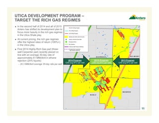 UTICA DEVELOPMENT PROGRAM – 
TARGET THE RICH GAS REGIMES 
 In the second half of 2014 and all of 2015 
Antero has shifted its development plan to 
focus more heavily in the rich gas regimes 
in the Utica Shale play 
 At current pricing, the rich gas regimes 
offer the highest rates of return (100%+) 
in the Utica play 
 First 2014 Highly-Rich Gas pad (three-well 
Carpenter pad) recently placed on 
line with an average 30-day rate of 
approximately 61 MMcfe/d in ethane 
rejection (20% liquids) 
– 20.3 MMcfe/d average 30-day rate per well 
11 
2013 Program 
1245 avg BTU per well 
2014 Program 
1245 avg BTU per well 
2015 Program 
1200 avg BTU per well 
 