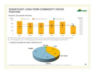 SIGNIFICANT LONG-TERM COMMODITY HEDGE 
POSITION 
NATURAL GAS HEDGE POSITION 
BBtu/d $/MMBtu 
$4.91 
Hedged Volume Average Index Hedge Price(1) Current NYMEX Strip 
$4.64 $4.61 $4.28 
$4.60 $4.41 
$3.84 $3.85 $3.99 $4.14 $4.32 $4.46 
738 650 643 780 710 468 
$7.00 
$6.00 
$5.00 
$4.00 
$3.00 
$2.00 
$1.00 
$0.00 
800 
600 
400 
200 
0 
2014 2015 2016 2017 2018 2019 
 ~$793 million mark-to-market unrealized gain based on current prices; additional hedge capacity remaining through 2019 
 1.3 Tcfe hedged from July 1, 2014 through year-end 2019 and 237 Bcf of TCO basis hedges from 2015 to 2017 
23% 
16% 
16% 
43% 
2% 
NYMEX 
CGTLA 
Dom South 
TCO 
Chicago 
18 
% HEDGE VOLUMES BY INDEX THROUGH 2019 
1. Reflects weighted average index price per annum based on volumes hedged and 6:1 gas to oil ratio. Antero has hedged ~3,000 Bbl/d for 2014, WTI hedges comprise ~1% of overall hedge book. 
 