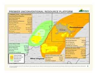 PREMIER UNCONVENTIONAL RESOURCE PLATFORM 
UPPER DEVONIAN SHALE 
Net Proved Reserves 40 Bcfe 
Net 3P Reserves 4.6 Tcfe 
Pre-Tax 3P PV-10 NM 
Undrilled 3P Locations 1,119 
COMBINED TOTAL – 6/30/14 RESERVES 
Assuming Ethane Rejection 
Net Proved Reserves 9.1 Tcfe 
Net 3P Reserves 37.5 Tcfe 
Net 3P Reserves & Resource 47.0 Tcfe 
Pre-Tax 3P PV-10 $25.9 Bn 
Net 3P Liquids 966 MMBbls 
% Liquids – Net 3P 15% 
2Q 2014 Net Production 891 MMcfe/d 
- 2Q 2014 Net Liquids 20,200 Bbl/d 
Net Acres(1) 493,000 
Undrilled 3P Locations 5,011 
1. All net acres allocated to the WV/PA Utica Shale Dry Gas and Upper Devonian Shale are included among the net acres allocated to the Marcellus Shale as they are stacked pay formations attributable to 
the same leasehold. 
MARCELLUS SHALE CORE 
Net Proved Reserves 8.5 Tcfe 
Net 3P Reserves 26.4 Tcfe 
Pre-Tax 3P PV-10 $19.4 Bn 
Net Acres 373,000 
Undrilled 3P Locations 3,057 
UTICA SHALE CORE 
Net Proved Reserves 537 Bcfe 
Net 3P Reserves 6.4 Tcfe 
Pre-Tax 3P PV-10 $6.5 Bn 
Net Acres 120,000 
Undrilled 3P Locations 835 
4 
WV/PA UTICA SHALE DRY GAS 
Net Resource 9.5 Tcf 
Net Acres 146,000 
Undrilled Locations 1,359 
 