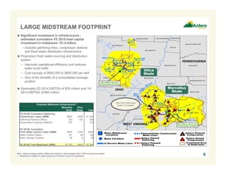 LARGE MIDSTREAM FOOTPRINT 
6 
Ohio River Withdrawal 
System Completed 
 Significant investment in infrastructure - 
estimated cumulative YE 2014 total capital 
investment in midstream ~$1.6 billion 
– Includes gathering lines, compressor stations 
and fresh water distribution infrastructure 
 Proprietary fresh water sourcing and distribution 
system 
− Improves operational efficiency and reduces 
water truck traffic 
− Cost savings of $600,000 to $800,000 per well 
− One of the benefits of a consolidated acreage 
position 
 Generated 2Q 2014 EBITDA of $39 million and 1H 
2014 EBITDA of $66 million 
Utica 
Shale 
Marcellus 
Shale 
Projected Midstream Infrastructure(1) 
Marcellus 
Shale 
Utica 
Shale Total 
YE 2014E Cumulative Gathering / 
Compression Capex ($MM) $850 $350 $1,200 
Gathering Pipelines (Miles) 180 105 285 
Compression Capacity (MMcf/d) 370 - 370 
YE 2014E Cumulative 
Fresh Water System Capex ($MM) $300 $100 $400 
Water Pipeline (Miles) 107 48 155 
Water Storage Facilities 26 8 34 
YE 2014E Total Midstream ($MM) $1,150 $450 $1,600 
Note: Antero acreage position reflects tax districts in which greater than 3,000 net acres are owned. 
1. Represents inception to date actuals as of 6/30/2014 and 2014 guidance. 
 