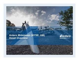 $1.55
$1.36
$1.04
$0.000
$0.500
$1.000
$1.500
$2.000
2014 2015 Current
$MM/1,000’Lateral
Well Cost ($MM/1,000' of Lateral)
12%
Decrease
vs. 2014
24%
Decrease
vs. 2015
664
1,235
691 940
69%
48%
24%
28%
58%
38%
17% 19%
0
400
800
1,200
1,600
0%
20%
40%
60%
80%
Highly-Rich
Gas/
Condensate
Highly-Rich Gas Rich Gas Dry Gas
Total3PLocations
ROR
Total 3P Locations ROR @ 6/30/2016 Strip Pricing - After Hedges ROR @ 6/30/2016 Strip Pricing - Before Hedges
184
98 108 161
263
24%
79%
84%
70% 71%
21%
66% 62%
49%
44%
0
100
200
300
0%
20%
40%
60%
80%
100%
Condensate Highly-Rich
Gas/
Condensate
Highly-Rich
Gas
Rich Gas Dry Gas
Total3PLocations
ROR
MARCELLUS WELL ECONOMICS(1)(2)(3)
WELL COST REDUCTIONS SUPPORT
SUSTAINABLE BUSINESS MODEL
Marcellus Well Cost Improvement(4)
1. 6/30/2016 pre-tax well economics based on 1.7 Bcf/1,000’ type curve for Marcellus 9,000’ lateral, 6/30/2016 natural gas and WTI strip pricing for 2016-2025, flat thereafter, NGLs at 37.5% of WTI for 2016
and ~50% of WTI thereafter, and applicable firm transportation and operating costs including 50% of Antero Midstream fees. Well cost estimates include $1.2 million for road, pad and production facilities.
2. ROR @ 6/30/2016 Strip-With Hedges reflects 6/30/2016 well cost ROR methodology, with the 6/30/2016 hedge value allocated based on 2016-2021 projected production volumes resulting in blend of strip
and hedge prices.
3. Marcellus undeveloped well locations as of 12/31/2015 adjusted for 6/30/2016 net acreage and pro forma for third-party acreage acquisition per press release dated 6/9/2016.
4. Current spot well costs based on $8.1 million for a 9,000’ lateral Marcellus well and $9.4 million for a 9,000’ lateral Utica well.
36
UTICA WELL ECONOMICS(1)(2)
 73% of Marcellus locations are processable (1100-plus Btu)  68% of Utica locations are processable (1100-plus Btu)
2016
Drilling
Plan
 Antero has reduced average well costs for a 9,000’ lateral by 33% in the Marcellus and 33% in the Utica as compared to 2014 well costs
 At 6/30/2016 strip pricing, Antero has 2,713 locations that exceed a 20% rate of return (excluding hedges)
– Including hedges, these locations generate rates of return of approximately 48% to 84%
Utica Well Cost Improvement(4)
$1.34
$1.18
$0.90
$0.000
$0.500
$1.000
$1.500
$2.000
2014 2015 Current
$MM/1,000’Lateral
Well Cost ($MM/1,000' of Lateral)
12%
Decrease
vs. 2014
24%
Decrease
vs. 2015
 