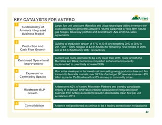 ANTERO MIDSTREAM WATER BUSINESS OVERVIEW
42
Note: Antero acreage position reflects tax districts in which greater than 3,000 net acres are owned.
1. Represents inception to date actuals as of 12/31/2015 and 2016 guidance.
2. All Antero water withdrawal sites are fully permitted under long-term state regulatory permits both in WV and OH.
3. Includes both expansion capital and maintenance capital.
4. Marcellus assumes fee of $3.69 per barrel subject to annual inflation and 351,000 barrels of water per well that utilize the fresh water delivery system based on 9,000 foot lateral. Operating margin excludes
G&A. Utica assumes fee of $3.64 per barrel subject to annual inflation and 306,000 barrels of water per well that utilize the fresh water delivery system based on 9,000 foot lateral. Operating margin
excludes G&A.
 AM acquired AR’s integrated water business for $1.05 billion plus earn out payments of $125 million at year-end in each of 2019 and 2020
− The acquired business includes Antero’s Marcellus and Utica freshwater delivery business, the fully-contracted future advanced wastewater
treatment complex and all fluid handling and disposal services for Antero
Projected Water Business Infrastructure(1)
Marcellus
Shale
Utica
Shale Total
YE 2015 Cumulative Fresh Water
Delivery Capex ($MM) $469 $62 $531
Water Pipelines
(Miles) 184 75 259
Fresh Water Storage
Impoundments 22 13 35
2016E Fresh Water Delivery Capex
Budget ($MM)(3) $40 $10 $50
Water Pipelines
(Miles) 20 9 29
Fresh Water Storage
Impoundments 1 - 1
Cash Operating
Margin per Well(4)
$950k -
$1,000k
$825k -
$875k
2016E Advanced Waste Water
Treatment Budget ($MM) $130
2016E Total Water Business
Budget ($MM) $180
Water Business Assets
• Fresh water delivery assets provide fresh water to support
Marcellus and Utica well completions
– Year-round water supply sources: Clearwater Facility, Ohio
River, local rivers & reservoirs(2)
– 100% fixed fee long term contracts
Antero Clearwater advanced wastewater treatment
facility currently under construction – connects to
Antero freshwater delivery system
Acquisition Acreage
 