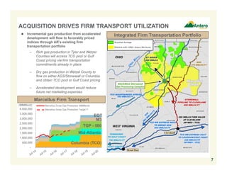 -
500,000
1,000,000
1,500,000
2,000,000
2,500,000
3,000,000
3,500,000
4,000,000
ACQUISITION DRIVES FIRM TRANSPORT UTILIZATION
7
Integrated Firm Transportation Portfolio Incremental gas production from accelerated
development will flow to favorably priced
indices through AR’s existing firm
transportation portfolio
– Rich gas production in Tyler and Wetzel
Counties will access TCO pool or Gulf
Coast pricing via firm transportation
commitments already in place
– Dry gas production in Wetzel County to
flow on either AGS/Stonewall or Columbia
and obtain TCO pool or Gulf Coast pricing
– Accelerated development would reduce
future net marketing expenses
Districts with 3,000+ Antero Net Acres
Acquired Acreage
Marcellus Firm Transport
TGP - 500
Mid-Atlantic
Columbia (TCO)
M3
EQT
(MMBtu/d) Marcellus Gross Gas Production (MMBtu/d)
Marcellus Gross Gas Production Target (2)
 