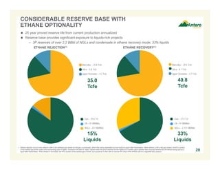 CONSIDERABLE RESERVE BASE WITH
ETHANE OPTIONALITY
 25 year proved reserve life from current production annualized
 Reserve base provides significant exposure to liquids-rich projects
– 3P reserves of over 2.2 BBbl of NGLs and condensate in ethane recovery mode; 33% liquids
ETHANE REJECTION(1)

ETHANE RECOVERY(1)

Marcellus – 25.0 Tcfe

Marcellus – 29.5 Tcfe

Utica – 5.8 Tcfe

Utica – 6.7 Tcfe

Upper Devonian – 4.2 Tcfe

Upper Devonian – 4.7 Tcfe

35.0
Tcfe

40.8
Tcfe

Gas – 29.6 Tcf

Gas – 27.4 Tcf

Oil – 91 MMBbls

Oil – 91 MMBbls

NGLs – 811 MMBbls

NGLs – 2,151 MMBbls

15%
Liquids

33%
Liquids

1. Ethane rejection occurs when ethane is left in the wellhead gas stream as the gas is processed, rather than being separated out and sold as a liquid after fractionation. When ethane is left in the gas stream, the BTU content
of the residue gas at the outlet of the processing plant is higher. Producers will elect to “reject” ethane when the price received for the higher BTU residue gas is greater than the price received for the ethane being sold as a
liquid after fractionation. When ethane is recovered, the BTU content of the residue gas is lower, but a producer is then able to recover the value of the ethane sold as a separate NGL product.

28

 