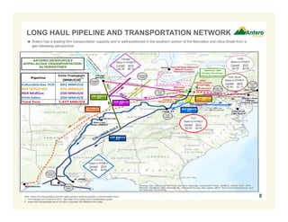 LONG HAUL PIPELINE AND TRANSPORTATION NETWORK
 Antero has a leading firm transportation capacity and is well-positioned in the southern portion of the Marcellus and Utica Shale from a
gas takeaway perspective

Leidy
Basis to NYMEX
Current 2015
-$2.25 -$2.00

Chicago
Basis to NYMEX
Current 2015
+$0.38 -$0.12

Dom South
Basis to NYMEX
Current 2015
-$0.60 -$1.13

(1)

TCO
Basis to NYMEX
Current 2015
-$0.05 -$0.49

CGTLA
Basis to NYMEX
Current 2015
-$0.02 -$0.09

Note: Antero firm transportation and firm sales positions listed by pipeline in colored-coded boxes.
1. Firm transport as of year-end 2014. See Page 25 for timing of firm transportation graph.
2. Antero firm transportation as of 1/31/2014; excludes 250 MMcf/d of firm sales.

8

 