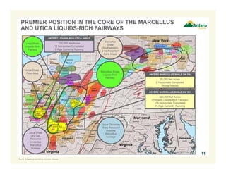 PREMIER POSITION IN THE CORE OF THE MARCELLUS
AND UTICA LIQUIDS-RICH FAIRWAYS
ANTERO LIQUIDS-RICH UTICA SHALE

Utica Shale
Liquids-Rich
Fairway

105,000 Net Acres
12 Horizontals Completed
5 Rigs Currently Running

Utica Shale
Core Area

Marcellus
Shale
Southwestern
& Northeastern
Core Areas

Marcellus Shale
Liquids-Rich
Fairway

ANTERO MARCELLUS SHALE SW PA

25,000 Net Acres
2 Horizontals Completed
Strong Results
ANTERO MARCELLUS SHALE NW WV

320,000 Net Acres
(Primarily Liquids-Rich Fairway)
215 Horizontals Completed
15 Rigs Currently Running

Utica Shale
Dry Gas
Resource
Underlies
Marcellus
Acreage

Upper Devonian
Shale Resource
Overlies
Marcellus
Acreage

11
Source: Company presentations and press releases.

 