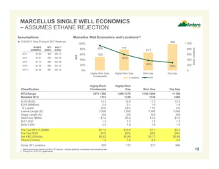 MARCELLUS SINGLE WELL ECONOMICS
– ASSUMES ETHANE REJECTION
Marcellus Well Economics and Locations(1)

 6/30/2013 Strip Pricing & SEC Reserves

986

100%

NGL(2)

WTI
($/Bbl)

($/Bbl)

80%

93%

2013

$3.64

$95

$46.10

60%

$3.91

$90

$44.89

2015

$4.14

$86

$43.86

2016

$4.28

$83

$43.34

20%

2017+

$4.46

$81

$43.34

1,000
1000

505

2014

0%

ROR

NYMEX
($/MMBtu)

777

800

673

600
60%

40%

400
38%

29%

200

Gross Locations

Assumptions

0
Highly-Rich Gas/
Condensate

Highly-Rich Gas

Classification

Highly-Rich/
Condensate

Highly-Rich
Gas

Rich Gas

Dry Gas

BTU Range
Modeled BTU

1275-1350
1313

1200-1275
1250

1100-1200
1150

<1100
1050

14.3
2.4
34%
7,000
350
$7.6
1.5
2.0

12.8
2.1
24%
7,000
350
$7.6
1.5
1.8

EUR (Bcfe):
EUR (MMBoe):
% Liquids:
Lateral Length (ft):
Stage Length (ft):
Well Cost ($MM):
Bcf/1,000’:
Bcfe/1,000’:
Pre-Tax NPV10DRY GAS LOCATIONS
($MM):
Pre-Tax ROR:
Net F&D ($/Mcfe):
Payout (Years):
Gross 3P Locations:

Locations

RICH GAS LOCATIONS
$17.0

Rich Gas

Dry Gas

ROR

11.5
1.9
11%
7,000
350
$7.6
1.5
1.6
HIGHLY
RICH GAS
$7.1
LOCATIONS

10.5
1.8
0%
7,000
350
$7.6
1.5
1.5

93%
$0.62
1.2

$12.0
60%
$0.69
1.6

38%
$0.77
2.4

$5.3
29%
$0.85
3.0

505

777

673

986

1. Well economics are based on 6/30/13 3P reserves. Includes gathering, compression and processing fees.
2. Pricing for a 1225 BTU y-grade barrel.

15

 