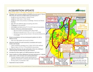ACQUISITION UPDATE
4
 Strategic core inventory addition of 68,000 net acres and 5.1 Tcfe of
Marcellus 3P reserves for $558 million purchase price (1)
– 41,000 net acre new footprint in Wetzel County
– 15,000 net “infill” acres in Tyler County
– 12,000 net “infill” acres primarily in Doddridge, Harrison and Ritchie
Counties
– 48% HBP with additional 44% not expiring until 2019+
– 17 MMcfe/d of net production
– >$1.5 billion estimated pre-tax PV-10 at 2015 year end assumptions
– Impacts 1,060 gross undeveloped locations
• 625 new locations averaging 9,300’ lateral length
• 90 laterals extended from 4,700’ to 10,100’, on average
• Increasing average working interest in 345 planned laterals from
71% to 88%
 Broad consolidation and new development platform for AR in
Wetzel County
– Adds new high-graded core county for Antero
 Attractive liquids-rich well economics consistent with recent
Antero well results
– Latest completions averaging over 2.0 Bcf/1,000’ at the wellhead
– Rates of return of 51% to 77% at 6/30/2016 strip pricing
 Significantly enhances dry gas optionality in the core, adding or
enhancing 225 core Marcellus dry gas locations
 Includes dry Utica rights on 51,000 prospective net acres
 Value creation for Antero Midstream through dedication of ~106,000
gross acres, a 22% increase over existing dedication
– Provides significant organic growth opportunities for
gathering, compression, processing and water segments
– AR has a 62% LP ownership in AM
● Expected to close 3Q 2016
1. Includes 13,000 net acres and 1.0 Tcfe of unaudited Marcellus 3P reserves associated with tag along sale rights exercised by a third party. Acquisition announced on 6/9/2016.
Pro Forma Acreage Position
Districts with 3,000+ Antero Net
Acres
Antero Horizontal Marcellus Wells
Industry Horizontal Marcellus Wells
Antero Acquisition Acreage
1.7 Bcf/1000’
Wellhead Type Curve
(Not Inclusive of wells
with Advanced
Completions)
Dry Gas
2.2 Bcf / 1,000’
Wellhead EUR
Southern Rich
2.0 Bcf / 1,000’
Wellhead EUR
Tag along option recently exercised on 13,000 net acres
Antero - 4 Well Average
(RJ Smith Pad)
Advanced 1200
Wellhead: 2.2 Bcf/1,000’
Processed: 2.6 Bcfe/1,000’
C2 Recovery: 3.2 Bcfe/1,000’
Antero - 4 Well Average
(Melody Pad)
Advanced 1200
Wellhead: 2.1 Bcf/1,000’
Processed: 2.5 Bcfe/1,000’
C2 Recovery: 3.1 Bcfe/1,000’
Antero - 3 Well Average
(Diane Davis Pad)
Advanced 1500
Wellhead: 2.3 Bcf/1,000’
Processed: 2.8 Bcfe/1,000’
C2 Recovery: 3.5 Bcfe/1,000’
Antero - 6 Well Average
(Pierpoint Pad)
Advanced 1200
Wellhead: 2.1 Bcf/1,000’
Processed: 2.6 Bcfe/1,000’
C2 Recovery: 3.2 Bcfe/1,000’
Industry - 17 Well Average
Advanced Completions
Wellhead: 2.2 Bcf/1,000’
Processed: 2.6 Bcfe/1,000’
C2 Recovery: 3.4 Bcfe/1,000’
 