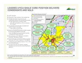 Source: Company presentations and press releases. Note: Antero acreage position reflects townships in which greater than 3,000 net acres are held.
Note: Third party peak rates assume ethane recovery; Antero 30-day rates in ethane rejection.
1. For non-Antero wells, Antero has converted rich gas rates where BTU has been disclosed to NGLs, assuming ethane recovery. Where BTU has not been disclosed, Antero has estimated BTU and gas
composition.
2. 30-day rate reflects restricted choke regime.
 100% operated
 Operating 7 rigs including 3 intermediate rigs
 148,000 net acres in the core rich gas/
condensate window (72% includes processable
rich gas assuming an 1100 Btu cutoff)
– 20% HBP with additional 79% not expiring
for 5+ years
 52 operated horizontal wells completed and
online in Antero core areas
− 100% drilling success rate
3 plants at Seneca Processing Complex capable
of processing 600 MMcf/d of rich gas
− Over 500 MMcf/d being processed currently,
including third party production
 Net production of 191 MMcfe/d in 4Q 2014
including 7,300 Bbl/d of liquids
 Fourth third party compressor station in-service
December 2014 with a capacity of 120 MMcf/d
 1,024 future gross drilling locations (735 or 72%
are processable gas)
 7.6 Tcfe of net 3P (15% liquids), includes
758 Bcfe of proved reserves (assuming ethane
rejection)
LEADING UTICA SHALE CORE POSITION DELIVERS
CONDENSATE AND NGLS
28
Utica Shale Industry Activity(1)
Cadiz
Processing
Plant
NORMAN UNIT
30-Day Rate
2 wells average
16.8 MMcfe/d
(15% liquids)
RUBEL UNIT
30-Day Rate
3 wells average
17.2 MMcfe/d
(20% liquids)
Utica
Core
Area
GARY UNIT
30-Day Rate
3 wells average
24.2 MMcfe/d
(21% liquids)
Highly-Rich/Cond
26,000 Net Acres
139 Gross Locations
Highly-Rich Gas
15,000 Net Acres
94 Gross Locations
Rich Gas
33,000 Net Acres
254 Gross Locations
Dry Gas
42,000 Net Acres
289 Gross Locations
NEUHART UNIT 3H
30-Day Rate
16.2 MMcfe/d
(57% liquids)
Condensate
32,000 Net Acres
248 Gross Locations
DOLLISON UNIT 1H
30-Day Rate
19.8 MMcfe/d
(40% liquids)
MYRON UNIT 1H
30-Day Rate
26.8 MMcfe/d
(52% liquids)
Seneca
Processing
Complex
LAW UNIT
30-Day Rate
2 wells average
16.1 MMcfe/d
(50% liquids)
SCHAFER UNIT
30-Day Rate(2)
2 wells average
14.2 MMcfe/d
(49% liquids)
URBAN PAD
30-Day Rate
4-well combined
30-Day Rate of
75.1 MMcfe/d
(15% liquids)
 