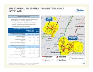 1. Represents inception to date actuals as of 12/31/2014 and 2015 midpoint guidance.
2. Includes $12.5 million of maintenance capex at 2015 midpoint guidance. 40
• Gathering and compression assets in core of rapidly
growing Marcellus and Utica Shale plays
– Acreage dedication of ~412,000 net leasehold
acres for gathering and compression services
– 100% fixed fee long term contracts
Utica
Shale
Marcellus
Shale
Projected Midstream Infrastructure(1)
Marcellus
Shale
Utica
Shale Total
YE 2014 Cumulative Gathering/
Compression Capex ($MM) $836 $345 $1,181
Gathering Pipelines
(Miles) 153 80 233
Compression Capacity
(MMcf/d) 375 - 375
Condensate Gathering Pipelines
(Miles) - 16 16
2015 Gathering/Compression
Capex Budget ($MM)(2) $256 $182 $438
Gathering Pipelines
(Miles) 46 18 64
Compression Capacity
(MMcf/d) 425 120 545
Condensate Gathering Pipelines
(Miles) - 4 4
Midstream Assets
SUBSTANTIAL INVESTMENT IN MIDSTREAM MLP
(NYSE: AM)
 