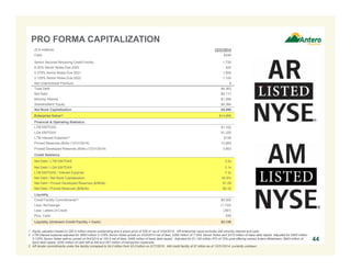 ($ in millions) 12/31/2014
Pro Forma(3)
12/31/2014
Pro Forma(4)
12/31/2014
Cash $246 $246 $246
Senior Secured Revolving Credit Facility 1,730 991 512
6.00% Senior Notes Due 2020 525 525 525
5.375% Senior Notes Due 2021 1,000 1,000 1,000
5.125% Senior Notes Due 2022 1,100 1,100 1,100
New Senior Notes Due 2023 - 750 750
Net Unamortized Premium 8 8 8
Total Debt $4,363 $4,374 $3,895
Net Debt $4,117 $4,128 $3,649
Financial & Operating Statistics
LTM EBITDAX $1,162 $1,162 $1,162
LQA EBITDAX $1,320 $1,320 $1,320
LTM Interest Expense(1) $159 $186 $176
Proved Reserves (Bcfe) (12/31/2014) 12,683 12,683 12,683
Proved Developed Reserves (Bcfe) (12/31/2014) 3,803 3,803 3,803
Credit Statistics
Net Debt / LTM EBITDAX 3.5x 3.6x 3.1x
Net Debt / LQA EBITDAX 3.1x 3.1x 2.8x
LTM EBITDAX / Interest Expense 7.3x 6.2x 6.6x
Net Debt / Net Book Capitalization 43% 43% 38%
Net Debt / Proved Developed Reserves ($/Mcfe) $1.08 $1.09 $0.96
Net Debt / Proved Reserves ($/Mcfe) $0.32 $0.35 $0.29
Liquidity
Credit Facility Commitments(2) $5,000 $5,000 $5,000
Less: Borrowings (1,730) (991) (512)
Less: Letters of Credit (387) (387) (387)
Plus: Cash 246 246 246
Liquidity (Credit Facility + Cash) $3,129 $3,868 $4,347
PRO FORMA CAPITALIZATION – CONSOLIDATED
1. LTM interest expense adjusted for all capital market transactions since 1/1/2014.
2. AR lender commitments under the facility increased to $4.0 billion from $3.0 billion on 2/17/2015. AM credit facility of $1 billion as of 12/31/2014, currently undrawn.
3. Pro forma for $750 million 5.625% Senior Notes offering priced on 3/3/2015; $739 million of bank debt repaid net of fees.
4. Pro forma for 13.1 million primary shares issued at $37.00 per share and $6 million of expenses; $479 million of bank debt repaid net of fees. 44
 