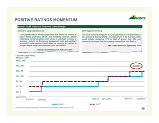 Moody's S&P
POSITIVE RATINGS MOMENTUM
Moody’s / S&P Historical Corporate Credit Ratings
“We could raise the ratings due to our assessment of an improvement in
the company's financial profile. An improvement in the financial profile
would include maintaining FFO to debt of greater than 45% and
narrowing the amount that the company outspends its cash flows by.”
- S&P Credit Research, September 2014
"The upgrade reflects Moody's expectation that Antero will continue to
report strong production growth and increasing reserves despite
challenging market conditions and without a significant increase in
leverage. Antero's low finding and development costs and significant
commodity hedge position should allow the company to continue to
prosper despite today's low commodity price environment.“
- Moody’s Credit Research, February 2015
Corporate Credit Rating
(Moody’s / S&P)
Ba3 / BB-
B1 / B+
B2 / B
B3 / B-
9/1/2010 2/24/2011 10/21/2013 9/4/20145/31/13
Ba2 / BB
Ba1 / BB+
Caa1 / CCC+
(1)
1. Represents corporate credit rating of Antero Resources Corporation / Antero Resources LLC.
Baa3 / BBB-
Moody’s Upgrade Rationale S&P Upgrade Criteria
56
3/31/2015
Ba2/BB
 
