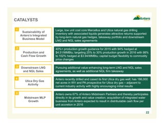 Downstream LNG
and NGL Sales
Production and
Cash Flow Growth
22
Antero recently drilled and cased its first Utica dry gas well; has 186,000
net acres in WV and PA prospective for Utica dry gas – adjacent to
current industry activity with highly encouraging initial results
CATALYSTS
40%+ production growth guidance for 2015 with 94% hedged at
$4.51/MMBtu; targeting 25% to 30% production growth in 2016 with 98%
to 102% hedged at $3.94/MMBtu; capital budget flexibility to commodity
price changes
Large, low unit cost core Marcellus and Utica natural gas drilling
inventory with associated liquids generates attractive returns supported
by long-term natural gas hedges, takeaway portfolio and downstream
LNG and NGL sales agreements
Pursuing additional value enhancing long-term LNG and NGL sales
agreements, as well as additional NGL firm takeaway
Antero owns 67% of Antero Midstream Partners and thereby participates
directly in its growth and value creation; acquisition of integrated water
business from Antero expected to result in distributable cash flow per
unit accretion in 2016
Midstream MLP
Growth
Sustainability of
Antero’s Integrated
Business Model
1
2
3
5
4
Utica Dry Gas
Activity
 
