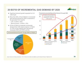 LNG Exports
48%
Mexico/Canada
Exports
18%
Power
Generation
17%
Transportation
1%
Industrial
16%
20 BCF/D OF INCREMENTAL GAS DEMAND BY 2020
 Significant demand growth expected for U.S.
natural gas
 More than 65% of the 20 Bcf/d in incremental
gas demand forecast by 2020 is expected to
be generated from exports:
− LNG: 9.5 Bcf/d (~48%)
− Mexico/Canada: 3.5 Bcf/d (~18%)
 Of the 9.5 Bcf/d of expected incremental
demand from LNG export projects, 6.7 Bcf/d
(or 70%) of the projects have secured the
necessary DOE and FERC permits
58
Incremental Demand Growth Through 2020 by Category
Projected Incremental Natural Gas Demand Through 2020
Source: Simmons & Company International, “2015 US Natural Gas Outlook and Updated Long Term Demand Forecast,” September 2014.
Sherwood 7
2
5
9
13
17
20
0
4
8
12
16
20
2015 2016 2017 2018 2019 2020
Mexico/Canada Exports Power Generation
Transportation Petrochem
LNG Exports
9.5 Bcf/d of the 20 Bcf/d of
incremental demand is
expected to come from
LNG exports
(Bcf/d)
LNG
Exports
Power Gen
Petrochem
 