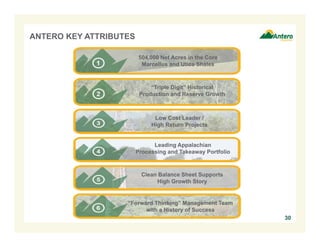ANTERO KEY ATTRIBUTES 
30 
504,000 Net Acres in the Core 
Marcellus and Utica Shales 
“Triple Digit” Historical 
Production and Reserve Growth 
Low Cost Leader / 
High Return Projects 
Leading Appalachian 
Processing and Takeaway Portfolio 
Clean Balance Sheet Supports 
High Growth Story 
“Forward Thinking” Management Team 
with a History of Success 
 