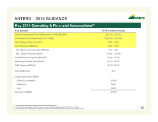 ANTERO – 2014 GUIDANCE 
33 
Key 2014 Operating & Financial Assumptions(1) 
Key Variable 2014 Guidance Range 
Natural Gas Realized Price Differential to NYMEX ($/Mcf)(2) $(0.15) – $(0.25) 
Oil Realized Price Differential to WTI ($/Bbl) $(10.00) – $(12.00) 
NGL Realized Price (% of WTI) 53% – 57% 
Net Production (MMcfe/d) 990 – 1,010 
Net Natural Gas Production (MMcf/d) 840 – 850 
Net Liquids Production (Bbl/d) 25,000 – 26,000 
Cash Production Expense ($/Mcfe)(3) $1.50 – $1.60 
Marketing Expense, Net ($/Mcfe) $0.10 – $0.20 
G&A Expense ($/Mcfe) $0.25 - $0.30 
Total Wells Spud 215 
Capital Expenditure ($MM) 
Drilling & Completion $2,400 
Midstream $850 
Land $450 
Total Capex ($MM) $3,700 
1. Financial assumptions per Company press release dated 8/26/2014. 
2. Antero’s processed tailgate and unprocessed dry gas production is greater than 1000 BTU on average. 
3. Includes lease operating expenses, gathering, compression and transportation expenses and production taxes. 
 
