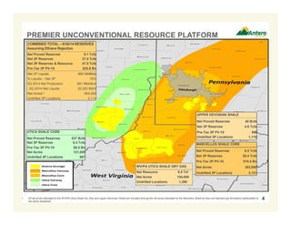 PREMIER UNCONVENTIONAL RESOURCE PLATFORM 
UPPER DEVONIAN SHALE 
Net Proved Reserves 40 Bcfe 
Net 3P Reserves 4.6 Tcfe 
Pre-Tax 3P PV-10 NM 
Undrilled 3P Locations 1,116 
COMBINED TOTAL – 6/30/14 RESERVES 
Assuming Ethane Rejection 
Net Proved Reserves 9.1 Tcfe 
Net 3P Reserves 37.5 Tcfe 
Net 3P Reserves & Resource 47.0 Tcfe 
Pre-Tax 3P PV-10 $25.9 Bn 
Net 3P Liquids 966 MMBbls 
% Liquids – Net 3P 15% 
2Q 2014 Net Production 891 MMcfe/d 
- 2Q 2014 Net Liquids 20,200 Bbl/d 
Net Acres(1) 504,000 
Undrilled 3P Locations 5,114 
1. All net acres allocated to the WV/PA Utica Shale Dry Gas and Upper Devonian Shale are included among the net acres allocated to the Marcellus Shale as they are stacked pay formations attributable to 
the same leasehold. 
MARCELLUS SHALE CORE 
Net Proved Reserves 8.5 Tcfe 
Net 3P Reserves 26.4 Tcfe 
Pre-Tax 3P PV-10 $19.4 Bn 
Net Acres 383,000 
Undrilled 3P Locations 3,131 
UTICA SHALE CORE 
Net Proved Reserves 537 Bcfe 
Net 3P Reserves 6.4 Tcfe 
Pre-Tax 3P PV-10 $6.5 Bn 
Net Acres 121,000 
Undrilled 3P Locations 867 
4 
WV/PA UTICA SHALE DRY GAS 
Net Resource 9.5 Tcf 
Net Acres 154,000 
Undrilled Locations 1,390 
 