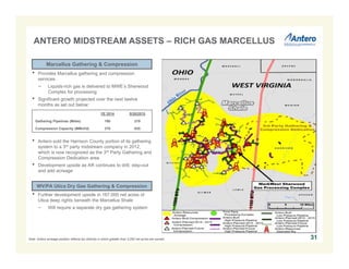 ANTERO MIDSTREAM ASSETS – RICH GAS MARCELLUS
31
• Provides Marcellus gathering and compression
services
− Liquids-rich gas is delivered to MWE’s Sherwood
Complex for processing
• Significant growth projected over the next twelve
months as set out below:
• Antero sold the Harrison County portion of its gathering
system to a 3rd party midstream company in 2012,
which is now recognized as the 3rd Party Gathering and
Compression Dedication area
• Development upside as AR continues to drill, step-out
and add acreage
Marcellus Gathering & Compression
Note: Antero acreage position reflects tax districts in which greater than 3,000 net acres are owned.
YE 2014 9/30/2015
Gathering Pipelines (Miles) 180 219
Compression Capacity (MMcf/d) 370 835
WV/PA Utica Dry Gas Gathering & Compression
• Further development upside in 167,000 net acres of
Utica deep rights beneath the Marcellus Shale
− Will require a separate dry gas gathering system
 