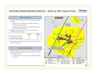 32
• Provides Utica natural gas and condensate gathering
services
− Liquids-rich gas delivered into MWE’s Seneca
Complex for processing
− Condensate delivered to centralized stabilization
and truck loading facilities
• Significant growth projected over the next twelve
months as set out below:
• Development upside as AR continues to drill, step-out
and add acreage
Utica Gathering
Note: Antero acreage position reflects tax districts in which greater than 3,000 net acres are owned.
ANTERO MIDSTREAM ASSETS – RICH & DRY GAS UTICA
YE 2014 9/30/2015
Gathering Pipelines (Miles) 85 108
Condensate Pipelines (Miles) 20 27
Utica Compression
• Opportunity to build up to ten new compressor stations
that are planned to support AR development over the
next several years
− Compressor stations are not included in AM NTM
forecast
 