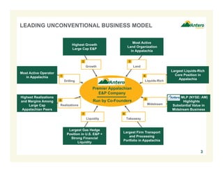 3
Most Active Operator
in Appalachia
Most Active
Land Organization
in Appalachia
Largest Firm Transport
and Processing
Portfolio in Appalachia
Largest Gas Hedge
Position in U.S. E&P +
Strong Financial
Liquidity
Highest Growth
Large Cap E&P
Largest Liquids-Rich
Core Position in
Appalachia
Highest Realizations
and Margins Among
Large Cap
Appalachian Peers
Growth Land
Liquidity
Midstream
Drilling
LEADING UNCONVENTIONAL BUSINESS MODEL
MLP (NYSE: AM)
Highlights
Substantial Value in
Midstream Business
Realizations
Takeaway
Liquids-Rich
1
2 3
4
5
67
8
Premier Appalachian
E&P Company
Run by Co-Founders
 