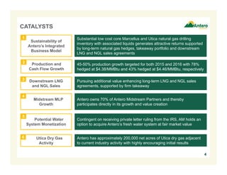 Downstream LNG
and NGL Sales
Production and
Cash Flow Growth
4
Antero has approximately 200,000 net acres of Utica dry gas adjacent
to current industry activity with highly encouraging initial results
CATALYSTS
45-50% production growth targeted for both 2015 and 2016 with 78%
hedged at $4.38/MMBtu and 43% hedged at $4.46/MMBtu, respectively
Substantial low cost core Marcellus and Utica natural gas drilling
inventory with associated liquids generates attractive returns supported
by long-term natural gas hedges, takeaway portfolio and downstream
LNG and NGL sales agreements
Pursuing additional value enhancing long-term LNG and NGL sales
agreements, supported by firm takeaway
Antero owns 70% of Antero Midstream Partners and thereby
participates directly in its growth and value creation
Midstream MLP
Growth
Sustainability of
Antero’s Integrated
Business Model
Utica Dry Gas
Activity
Potential Water
System Monetization
1
2
3
4
5
6
Contingent on receiving private letter ruling from the IRS, AM holds an
option to acquire Antero’s fresh water system at fair market value
 