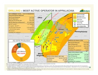 Note: 2015 SEC prices were $2.56/MMBtu for natural gas and $50.13/Bbl for oil on a weighted average Appalachian index basis.
1. 3P reserve additions are unaudited. 14 to 18 Tcf Utica dry resource in WV/PA.
2. 3P reserve pre-tax PV-10 based on annual strip pricing for first 10-years and flat thereafter as of December 31, 2015. NGL pricing assumes 39%, 46% and 48% of WTI strip prices for 2016, 2017 and 2018 and
thereafter, respectively. $1.5 billion 3P PV-10 unaudited estimate for recent acreage acquisition, using 12/31/2015 strip pricing and same year end 2015 assumptions. Strip pre-tax PV-10 is a non-GAAP financial
measure. The standardized measure was $3.2 billion as of 12/31/2015.
3. Virtually all WV/PA Utica Shale net acres are included among the net acres of Marcellus Shale rights as they are stacked pay formations attributable to the same leasehold. Marcellus acreage pro forma for acreage
divestiture announced on 10/26/2016 and additional leasing and acquisitions year-to-date.
16
AR COMBINED TOTAL – 12/31/15 RESERVES
Assumes Ethane Rejection
Net Proved Reserves 13.2 Tcfe
Net 3P Reserves(1) 42.1 Tcfe
Strip Pre-Tax 3P PV-10(2) $12.7 Bn
Net 3P Reserves & Resource(1) 57 to 60 Tcfe
Net 3P Liquids(1) 1,377 MMBbls
% Liquids – Net 3P(1) 20%
3Q 2016 Net Production 1,875 MMcfe/d
- 3Q 2016 Net Liquids 81,460 Bbl/d
Net Acres(3) 629,000
Undrilled 3P Locations(1) 4,344
OHIO UTICA SHALE CORE
Net Proved Reserves 1.8 Tcfe
Net 3P Reserves 7.5 Tcfe
Strip Pre-Tax 3P PV-10(2) $2.5 Bn
Net Acres 145,000
Undrilled 3P Locations 814
MARCELLUS SHALE CORE
Net Proved Reserves 11.4 Tcfe
Net 3P Reserves(1) 34.6 Tcfe
Strip Pre-Tax 3P PV-10(2) $10.2 Bn
Net Acres(3) 484,000
Undrilled 3P Locations(1) 3,530
WV/PA UTICA SHALE DRY GAS
Net Resource 14.3 to 17.8 Tcf
Net Acres 231,000
Undrilled Locations 2,269
DRILLING – MOST ACTIVE OPERATOR IN APPALACHIA
Gas
74%
1,875 MMcfe/d
26% Liquids
C3+
18%
Oil
1%
C2
6%
3Q 2016 Production
 