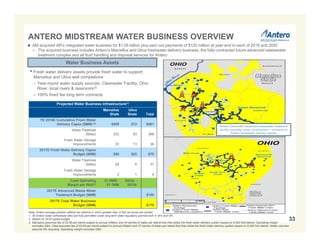 ANTERO MIDSTREAM WATER BUSINESS OVERVIEW
Water Business Assets
 AM acquired AR’s integrated water business for $1.05 billion plus earn out payments of $125 million at year-end in each of 2019 and 2020
− The acquired business includes Antero’s Marcellus and Utica freshwater delivery business, the fully-contracted future advanced wastewater
treatment complex and all fluid handling and disposal services for Antero
• Fresh water delivery assets provide fresh water to support
Marcellus and Utica well completions
– Year-round water supply sources: Clearwater Facility, Ohio
River, local rivers & reservoirs(2)
– 100% fixed fee long term contracts
Note: Antero acreage position reflects tax districts in which greater than 3,000 net acres are owned.
1. All Antero water withdrawal sites are fully permitted under long-term state regulatory permits both in WV and OH.
2. Based on 2016 capital budget.
3. Marcellus assumes fee of $3.69 per barrel subject to annual inflation and 40 barrels of water per lateral foot that utilize the fresh water delivery system based on 9,000 foot lateral. Operating margin
excludes G&A. Utica assumes fee of $3.64 per barrel subject to annual inflation and 37 barrels of water per lateral foot that utilize the fresh water delivery system based on 9,000 foot lateral. Water volumes
assume 5% recycling. Operating margin excludes G&A.
Antero Clearwater advanced wastewater treatment
facility currently under construction – connects to
Antero freshwater delivery system
Projected Water Business Infrastructure(1)
Marcellus
Shale
Utica
Shale Total
YE 2016E Cumulative Fresh Water
Delivery Capex ($MM) (2) $509 $72 $581
Water Pipelines
(Miles) 203 83 286
Fresh Water Storage
Impoundments 23 13 36
2017E Fresh Water Delivery Capex
Budget ($MM) $50 $25 $75
Water Pipelines
(Miles) 28 9 37
Fresh Water Storage
Impoundments 3 1 4
Cash Operating
Margin per Well(3)
$1.0MM -
$1.1MM
$925k -
$975k
2017E Advanced Waste Water
Treatment Budget ($MM) $100
2017E Total Water Business
Budget ($MM) $175
33
 