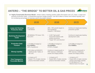 ANTERO – “THE BRIDGE” TO BETTER OIL & GAS PRICES
2015E 2016E 2017E
Large and Growing
Production Base
Declining Development
Costs
Production Sold
Forward
Strong Liquidity
Firm Transport to
Favorable Markets
48% growth
1.493 Bcfe/d
25% - 30% growth target on
2015 guidance;
midpoint 1.785 Bcfe/d
Continue to target peer-leading
production growth
~$0.88/Mcfe YTD down 10%
from 2014
• 2,450 “high grade”
horizontal locations with
similar economics
• Target 12% cost reduction
Continue to target peer-leading
development costs
1,316 BBtu/d hedged at
$4.43/MMBtu
(94% of guidance)
1,793 BBtu/d hedged at
$3.94/MMBtu
(≈100% of target)
2,073 BBtu/d hedged at
$3.57/MMBtu
• $3.0 billion at 9/30/2015
• Additional $2.7 billion of
AM units
Continue to target growth in
PDP reserves, midstream
assets and hedge portfolio
Continue to target growth in
PDP reserves, midstream
assets and hedge portfolio
• 2.3 Bcf/d of FT
• Expect 71% of sales volumes
priced at favorable markets
• 3.5 Bcf/d of FT
• Expect 95% of sales volumes
priced at favorable markets
• 3.8 Bcf/d of FT
• Expect 95% of sales volumes
priced at favorable markets
• 61,500 Bbl/d of FT on
Mariner East 2 for export
 Highly Sustainable Business Model - Antero holds a leading position within the lowest cost U.S. basin, a large and
growing production base, a substantial long-term hedge position, over $5.0 billion of direct and indirect liquidity, and
an increasing percentage of volumes sold to favorable markets
3
 