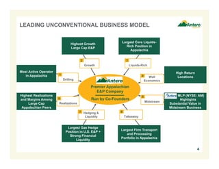 4
Most Active Operator
in Appalachia
Largest Firm Transport
and Processing
Portfolio in Appalachia
Largest Gas Hedge
Position in U.S. E&P +
Strong Financial
Liquidity
Highest Growth
Large Cap E&P
Largest Core Liquids-
Rich Position in
Appalachia
Highest Realizations
and Margins Among
Large Cap
Appalachian Peers
Growth Liquids-Rich
Hedging &
Liquidity
Midstream
Drilling
LEADING UNCONVENTIONAL BUSINESS MODEL
MLP (NYSE: AM)
Highlights
Substantial Value in
Midstream Business
Realizations
Takeaway
Well
Economics
1
2 3
4
5
67
8
Premier Appalachian
E&P Company
Run by Co-Founders
High Return
Locations
 