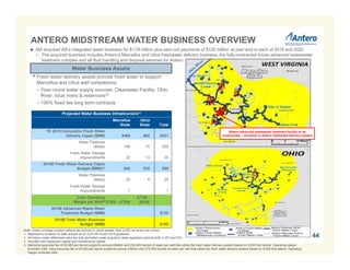 ANTERO MIDSTREAM WATER BUSINESS OVERVIEW
44
Note: Antero acreage position reflects tax districts in which greater than 3,000 net acres are owned.
1. Represents inception to date actuals as of 12/31/2015 and 2016 guidance.
2. All Antero water withdrawal sites are fully permitted under long-term state regulatory permits both in WV and OH.
3. Includes both expansion capital and maintenance capital.
4. Marcellus assumes fee of $3.685 per barrel subject to annual inflation and 250,000 barrels of water per well that utilize the fresh water delivery system based on 9,000 foot lateral. Operating margin
excludes G&A. Utica assumes fee of $3.635 per barrel subject to annual inflation and 275,000 barrels of water per well that utilize the fresh water delivery system based on 9,000 foot lateral. Operating
margin excludes G&A.
 AM acquired AR’s integrated water business for $1.05 billion plus earn out payments of $125 million at year-end in each of 2019 and 2020
− The acquired business includes Antero’s Marcellus and Utica freshwater delivery business, the fully-contracted future advanced wastewater
treatment complex and all fluid handling and disposal services for Antero
Antero advanced wastewater treatment facility to be
constructed – connects to Antero freshwater delivery system
Projected Water Business Infrastructure(1)
Marcellus
Shale
Utica
Shale Total
YE 2015 Cumulative Fresh Water
Delivery Capex ($MM) $469 $62 $531
Water Pipelines
(Miles) 184 75 259
Fresh Water Storage
Impoundments 22 13 35
2016E Fresh Water Delivery Capex
Budget ($MM)(3) $40 $10 $50
Water Pipelines
(Miles) 20 9 29
Fresh Water Storage
Impoundments 1 - 1
Cash Operating
Margin per Well(4) $700k - $750k
$775k -
$825k
2016E Advanced Waste Water
Treatment Budget ($MM) $130
2016E Total Water Business
Budget ($MM) $180
Water Business Assets
• Fresh water delivery assets provide fresh water to support
Marcellus and Utica well completions
– Year-round water supply sources: Clearwater Facility, Ohio
River, local rivers & reservoirs(2)
– 100% fixed fee long term contracts
 