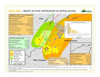Note: 2015 SEC prices were $2.56/MMBtu for natural gas and $50.13/Bbl for oil on a weighted average Appalachian index basis.
1. 3P reserve pre-tax PV-10 based on annual strip pricing for first 10-years and flat thereafter as of December 31, 2015. NGL pricing assumes 39%, 46% and 48% of WTI strip prices for 2016, 2017 and
2018 and thereafter, respectively.
2. All net acres allocated to the WV/PA Utica Shale Dry Gas and Upper Devonian Shale are included among the net acres allocated to the Marcellus Shale as they are stacked pay formations attributable to
the same leasehold.
3. Antero and industry rig locations as of 3/11/2016, per RigData.
DRILLING – MOST ACTIVE OPERATOR IN APPALACHIA
5
COMBINED TOTAL – 12/31/15 RESERVES
Assumes Ethane Rejection
Net Proved Reserves 13.2 Tcfe
Net 3P Reserves 37.1 Tcfe
Strip Pre-Tax 3P PV-10(1) $11.2 Bn
Net 3P Reserves & Resource 50 to 53 Tcfe
Net 3P Liquids 1,237 MMBbls
% Liquids – Net 3P 20%
4Q 2015 Net Production 1,497 MMcfe/d
- 4Q 2015 Net Liquids 54,750 Bbl/d
Net Acres(2) 569,000
Undrilled 3P Locations 3,719
OHIO UTICA SHALE CORE
Net Proved Reserves 1.8 Tcfe
Net 3P Reserves 7.5 Tcfe
Strip Pre-Tax 3P PV-10(1) $2.5 Bn
Net Acres 147,000
Undrilled 3P Locations 814
MARCELLUS SHALE CORE
Net Proved Reserves 11.4 Tcfe
Net 3P Reserves 29.6 Tcfe
Strip Pre-Tax 3P PV-10(1) $8.7 Bn
Net Acres 422,000
Undrilled 3P Locations 2,905
WV/PA UTICA SHALE DRY GAS
Net Resource 12.5 to 16 Tcf
Net Acres 188,000
Undrilled Locations 1,889
0
1
2
3
4
5
6
7
8
9
RigCount
Operators
Current SW Marcellus & Utica(3)
 