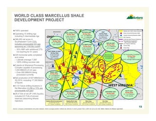 WORLD CLASS MARCELLUS SHALE 
DEVELOPMENT PROJECT 
100% operated 
Operating 15 drilling rigs 
including 5 intermediate rigs 
386,000 net acres in 
Southwestern Core (73% 
includes processable rich gas 
assuming an 1100 Btu cutoff) 
– 50% HBP with additional 27% 
not expiring for 5+ years 
325 horizontal wells completed 
and online 
– Laterals average 7,300’ 
– 100% drilling success rate 
5 plants at Sherwood Processing 
Complex capable of processing 
1,000 MMcf/d of rich gas 
− Over 800 MMcf/d being 
processed currently 
BLANCHE UNIT 
30-Day Rate 
1H: 9.7 MMcfe/d 
(30% liquids) 
MASH UNIT 
30-Day Rate 
1H: 14.9 MMcfe/d 
2H: 16.5 MMcfe/d 
(28% liquids) 
BEE LEWIS PAD 
30-Day Rate 
4-well combined 
30-Day Rate of 
67 MMcfe/d 
(26% liquids) 
Net production of 937 MMcfe/d in 
3Q 2014, including 17,300 Bbl/d 
of liquids 
3,131 future drilling locations in 
the Marcellus (2,256 or 72% are 
processable rich gas) 
26.4 Tcfe of net 3P (18% liquids), 
includes 8.5 Tcfe of proved 
reserves (assuming ethane 
rejection) Highly-Rich Gas 
118,000 Net Acres 
896 Gross Locations 
DOTSON UNIT 
30-Day Rate 
1H: 12.4 MMcfe/d 
2H: 11.8 MMcfe/d 
(26% liquids) 
RJ SMITH PAD 
30-Day Rate 
4-well combined 
30-Day Rate of 
56 MMcfe/d 
(21% liquids) 
NERO UNIT 
30-Day Rate 
1H: 18.2 MMcfe/d 
(27% liquids) 
Rich Gas 
90,000 Net Acres 
633 Gross Locations 
EQT 
30-Day Rate 
12 Recent Wells 
9.2 MMcfe/d 
(20% Liquids) 
Dry Gas 
104,000 Net Acres 
875 Gross Locations 
Highly-Rich/Condensate 
74,000 Net Acres 
727 Gross Locations 
HEFLIN UNIT 
30-Day Rate 
2H: 21.4 MMcfe/d 
(21% liquids) 
EQT PENN 15 UNIT 
30-Day Rate 
5-well average 
9.3 MMcfe/d 
(26% liquids) 
CONSTABLE UNIT 
30-Day Rate 
1H: 14.3 MMcfe/d 
(26% liquids) 
142 Horizontals Completed 
30-Day Rate 
8.1 MMcf/d 
6,915’ average lateral length 
PRUNTY UNIT 
30-Day Rate 
1H: 11.1 MMcfe/d 
(27% liquids) 
HINTERER UNIT 
30-Day Rate 
1H: 12.9 MMcfe/d 
(20% liquids) 
RUTH UNIT 
30-Day Rate 
1H: 19.2 MMcfe/d 
(14% liquids) 
Sherwood 
Processing 
Complex 
Source: Company presentations and press releases. Antero acreage position reflects tax districts in which greater than 3,000 net acres are held. Note: Rates in ethane rejection. 
19 
 