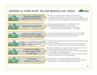 ANTERO: A “PURE PLAY” ON THE MARCELLUS / UTICA 
● Marcellus is one of the largest gas fields in the world today 
− Largest gas field in the U.S. currently producing over 15 Bcf/d 
● Antero has 37.5 Tcfe of fully engineered 3P reserves in the Marcellus and 
Utica Shales and 9.5 Tcf of unrisked resource in the WV/PA Utica dry gas 
Critical Mass In Two 
World Class Shale Plays 
● 91% organic production growth for 3Q 2014 over 3Q 2013 
● Most active driller in Appalachia – 22 rigs running 
− Most active driller in Marcellus Shale – 15 rigs running 
− 2nd most active driller in the Utica Shale – 7 rigs running 
Market Leading Growth 
● Lowest 3-year average development cost through 2013: $1.15/Mcfe 
● Industry leading 3-year average growth-adjusted recycle ratio: 4.8x 
● Top quartile return on productive capital: 26% for 2014E 
Industry Leading Capital 
Efficiency and Recycle Ratio 
● 2.0 Bcf/d of firm processing capacity by 3Q 2015 and 4.0 Bcf/d of firm gas 
takeaway by 2018 
● Liquids contribution (NGLs and oil) expected to continue to grow from 
14% of 3Q 2014 production due to focus on liquids-rich development 
Leader In Liquids Processing 
and Takeaway Capacity 
● $3.3 billion of liquidity with current $4.0 billion in total bank commitments 
● Average cost of debt 4.8% with first maturity in 2019 
● 1.8 Tcfe hedged through 2019 at an average index price of $4.42/MMBtu 
and $93.18/Bbl, including basis hedges 
● Antero currently owns 105.9 million units in Antero Midstream Partners LP 
(NYSE: AM) representing a 69.7% equity interest 
Liquidity and Hedge 
Position Support High 
Growth Story 
● Over 30 years as a team (over 20 years in unconventional) 
● “Shale Pioneers” – early mover and driller of over 600 horizontal shale 
wells in the Barnett, Woodford, Marcellus and Utica Shales 
Outstanding 
Management Team 
2 
 