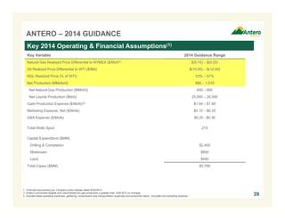 ANTERO – 2014 GUIDANCE 
39 
Key 2014 Operating & Financial Assumptions(1) 
Key Variable 2014 Guidance Range 
Natural Gas Realized Price Differential to NYMEX ($/Mcf)(2) $(0.15) – $(0.25) 
Oil Realized Price Differential to WTI ($/Bbl) $(10.00) – $(12.00) 
NGL Realized Price (% of WTI) 53% – 57% 
Net Production (MMcfe/d) 990 – 1,010 
Net Natural Gas Production (MMcf/d) 840 – 850 
Net Liquids Production (Bbl/d) 25,000 – 26,000 
Cash Production Expense ($/Mcfe)(3) $1.50 – $1.60 
Marketing Expense, Net ($/Mcfe) $0.10 – $0.20 
G&A Expense ($/Mcfe) $0.25 - $0.30 
Total Wells Spud 215 
Capital Expenditure ($MM) 
Drilling & Completion $2,400 
Midstream $850 
Land $450 
Total Capex ($MM) $3,700 
1. Financial assumptions per Company press release dated 8/26/2014. 
2. Antero’s processed tailgate and unprocessed dry gas production is greater than 1000 BTU on average. 
3. Includes lease operating expenses, gathering, compression and transportation expenses and production taxes. Excludes net marketing expense. 
 