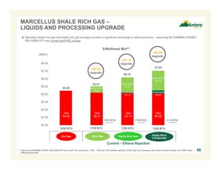 MARCELLUS SHALE RICH GAS – 
LIQUIDS AND PROCESSING UPGRADE 
 Marcellus Shale rich gas and highly-rich gas acreage provides a significant advantage in well economics – assuming $4.25/MMBtu NYMEX, 
$90.00/Bbl WTI and current spot NGL pricing 
Gas 
$4.46 
NGLs (C3+) 
$0.81 
Gas 
$4.21 
$/Wellhead Mcf(1) 
NGLs (C3+) 
$1.87 
Gas 
$4.15 
Gas 
$4.08 
($/Mcf) 
$8.00 
$7.00 
$6.00 
$5.00 
$4.00 
$3.00 
$2.00 
$1.00 
$0.00 
1050 BTU 
$5.01 
$6.18 
$7.04 
$4.46 
(1072 BTU) 
8% shrink 
(1100 BTU) 
11% shrink 
1150 BTU 1250 BTU 1300 BTU 
Current – Ethane Rejection 
(1113 BTU) 
14% shrink 
1. Assumes $4.25/MMBtu NYMEX, $90.00/Bbl WTI and current NGL spot prices. 0.902, 1.982 and 2.634 (ethane rejection) GPMs used, all processing costs, shrink and fuel included. No NYMEX basis 
differential assumed. 
46 
+$0.55 
Upgrade 
+$1.72 
Upgrade 
+$2.58 
Upgrade 
Dry Gas Highly-Rich Gas 
NGLs (C3+) 
$2.54 
Condensate 
$0.16 
Condensate 
$0.42 
Highly-Rich/ 
Rich Gas Condensate 
 