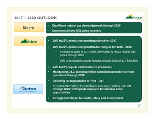 2017 – 2020 OUTLOOK
37
Macro
• Significant natural gas demand growth through 2020
• Continued oil and NGL price recovery
• 20% to 25% production growth guidance for 2017
• 20% to 22% production growth CAGR targets for 2018 – 2020
‒ Forecast a $0.05 to $0.15/Mcf premium to NYMEX natural gas
prices through 2020
‒ 58% of production targets hedged through 2020 at $3.76/MMBtu
• 24% to 26% liquids contribution to production
• Maintaining D&C spending within consolidated cash flow from
operations through 2020
• Declining leverage profile to “mid – 2s”
• Investing $2.7 billion in midstream project inventory with AM
through 2020, with upside exposure to full value chain
opportunities
• Strong commitment to health, safety and environment
 