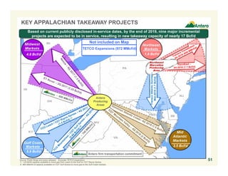 51
KEY APPALACHIAN TAKEAWAY PROJECTS
TranscoAtlanticSunrise–
Mid-2018(1.7Bcf/d)
4.8 Bcf/d
5.9 Bcf/d
3.5 Bcf/d
1.8 Bcf/d
Antero
Producing
Areas
Source: Public filings and press releases. Excludes TETCO expansions.
1. 1.05 Bcf/d capacity available to move gas from Leach to the Gulf on CGT Rayne Xpress.
2. 860 MMcf/d of capacity available on CGT Gulf Xpress to move gas to the Gulf Coast markets.
Antero firm transportation commitment
Based on current publicly disclosed in-service dates, by the end of 2019, nine major incremental
projects are expected to be in service, resulting in new takeaway capacity of nearly 17 Bcf/d
Not included on Map
TETCO Expansions (972 MMcf/d)
 