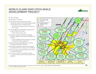 Note: Antero acreage position reflects townships in which greater than 3,000 net acres are held. Antero 30-day rates in ethane rejection.
1. 30-day rate reflects restricted choke regime.
 100% operated
 Operating 1 drilling rig
 147,000 net acres in the core rich gas/
condensate window (72% includes processable
rich gas assuming an 1100 Btu cutoff)
– 30% HBP with additional 60% not expiring
for 5+ years
 131 operated horizontal wells completed and
online in Antero core areas
− 100% drilling success rate
 4 plants in-service at Seneca Processing
Complex capable of processing 800 MMcf/d of
rich gas
− Over 500 MMcf/d being processed currently,
including third party production
 Net production of 550 MMcfe/d in 2Q 2016
including 20,000 Bbl/d of liquids
 First AM compressor station went in-service
November 2015 with a capacity of 120 MMcf/d
 814 future gross drilling locations (551 or 68%
are processable gas)
 7.5 Tcfe of net 3P (15% liquids), includes
1.8 Tcfe of proved reserves (assuming ethane
rejection)
WORLD CLASS OHIO UTICA SHALE
DEVELOPMENT PROJECT
38
Cadiz
Processing
Plant
NORMAN UNIT
30-Day Rate
2 wells average
16.8 MMcfe/d
(15% liquids)
RUBEL UNIT
30-Day Rate
3 wells average
17.2 MMcfe/d
(20% liquids)
Utica
Core
Area
GARY UNIT
30-Day Rate
3 wells average
24.2 MMcfe/d
(21% liquids)
Highly-Rich/Cond
25,000 Net Acres
98 Gross Locations
Highly-Rich Gas
15,000 Net Acres
108 Gross Locations
Rich Gas
30,000 Net Acres
161 Gross Locations
Dry Gas
41,000 Net Acres
263 Gross Locations
NEUHART UNIT 3H
30-Day Rate
16.2 MMcfe/d
(57% liquids)
Condensate
36,000 Net Acres
184 Gross Locations
DOLLISON UNIT 1H
30-Day Rate
19.8 MMcfe/d
(40% liquids)
MYRON UNIT 1H
30-Day Rate
26.8 MMcfe/d
(52% liquids)
Seneca
Processing
Complex
LAW UNIT
30-Day Rate
2 wells average
16.1 MMcfe/d
(50% liquids)
SCHAFER UNIT
30-Day Rate(1)
2 wells average
14.2 MMcfe/d
(49% liquids)
URBAN PAD
30-Day Rate
4 wells average
18.8 MMcfe/d
(15% liquids)
GRAVES UNIT
500’ Density Pilot
30-Day Rate
4 wells average
15.5 MMcfe/d
(24% liquids)
FRANKLIN UNIT
30-Day Rate
3 wells average
17.6 MMcfe/d
(16% liquids)
FRAKES UNIT
30-Day Rate
2 wells average
18.6 MMcfe/d
(42% liquids)
 