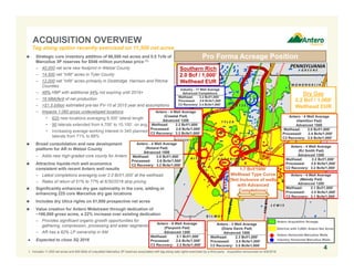 ACQUISITION OVERVIEW
4
 Strategic core inventory addition of 66,500 net acres and 5.0 Tcfe of
Marcellus 3P reserves for $546 million purchase price (1)
– 40,000 net acre new footprint in Wetzel County
– 14,500 net “infill” acres in Tyler County
– 12,000 net “infill” acres primarily in Doddridge, Harrison and Ritchie
Counties
– 48% HBP with additional 44% not expiring until 2019+
– 16 MMcfe/d of net production
– >$1.5 billion estimated pre-tax PV-10 at 2015 year end assumptions
– Impacts 1,060 gross undeveloped locations
• 625 new locations averaging 9,300’ lateral length
• 90 laterals extended from 4,700’ to 10,100’, on avg.
• Increasing average working interest in 345 planned
laterals from 71% to 88%
 Broad consolidation and new development
platform for AR in Wetzel County
– Adds new high-graded core county for Antero
 Attractive liquids-rich well economics
consistent with recent Antero well results
– Latest completions averaging over 2.0 Bcf/1,000’ at the wellhead
– Rates of return of 51% to 77% at 6/30/2016 strip pricing
 Significantly enhances dry gas optionality in the core, adding or
enhancing 225 core Marcellus dry gas locations
 Includes dry Utica rights on 51,000 prospective net acres
 Value creation for Antero Midstream through dedication of
~106,000 gross acres, a 22% increase over existing dedication
– Provides significant organic growth opportunities for
gathering, compression, processing and water segments
– AR has a 62% LP ownership in AM
● Expected to close 3Q 2016
1. Includes 11,500 net acres and 900 Bcfe of unaudited Marcellus 3P reserves associated with tag along sale rights exercised by a third party. Acquisition announced on 6/9/2016.
Pro Forma Acreage Position
Districts with 3,000+ Antero Net Acres
Antero Horizontal Marcellus Wells
Industry Horizontal Marcellus Wells
Antero Acquisition Acreage
1.7 Bcf/1000’
Wellhead Type Curve
(Not Inclusive of wells
with Advanced
Completions)
Dry Gas
2.2 Bcf / 1,000’
Wellhead EUR
Southern Rich
2.0 Bcf / 1,000’
Wellhead EUR
Tag along option recently exercised on 11,500 net acres
Antero - 4 Well Average
(RJ Smith Pad)
Advanced 1200
Wellhead: 2.2 Bcf/1,000’
Processed: 2.6 Bcfe/1,000’
C2 Recovery: 3.2 Bcfe/1,000’
Antero - 4 Well Average
(Melody Pad)
Advanced 1200
Wellhead: 2.1 Bcf/1,000’
Processed: 2.5 Bcfe/1,000’
C2 Recovery: 3.1 Bcfe/1,000’
Antero - 3 Well Average
(Diane Davis Pad)
Advanced 1500
Wellhead: 2.3 Bcf/1,000’
Processed: 2.8 Bcfe/1,000’
C2 Recovery: 3.5 Bcfe/1,000’
Antero - 6 Well Average
(Pierpoint Pad)
Advanced 1200
Wellhead: 2.1 Bcf/1,000’
Processed: 2.6 Bcfe/1,000’
C2 Recovery: 3.2 Bcfe/1,000’
Industry - 17 Well Average
Advanced Completions
Wellhead: 2.2 Bcf/1,000’
Processed: 2.6 Bcfe/1,000’
C2 Recovery: 3.4 Bcfe/1,000’
Antero - 4 Well Average
(Noland Pad)
Advanced 1500
Wellhead: 2.0 Bcf/1,000’
Processed: 2.6 Bcfe/1,000’
C2 Recovery: 3.2 Bcfe/1,000’
Antero - 4 Well Average
(Hamilton Pad)
Advanced 1500
Wellhead: 2.0 Bcf/1,000’
Processed: 2.4 Bcfe/1,000’
C2 Recovery: 3.0 Bcfe/1,000’
Antero - 4 Well Average
(Coastal Pad)
Advanced 1200
Wellhead: 2.2 Bcf/1,000’
Processed: 2.6 Bcfe/1,000’
C2 Recovery: 3.2 Bcfe/1,000’
 